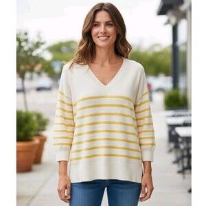 Philosophy White & Yellow Striped V Neck 3/4 Sleeve Sweater Women's Size 1X